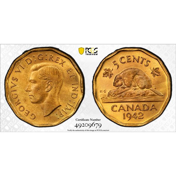 CANADA: George VI, 1936-1952, 5 cents, 1942, PCGS graded MS63