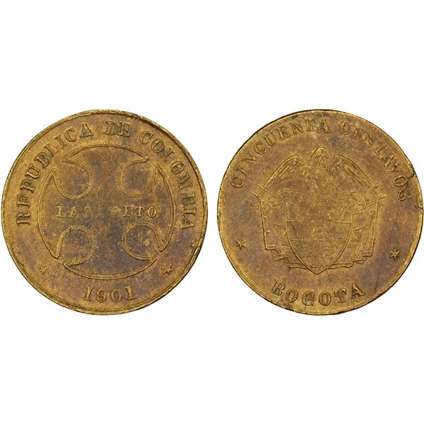 COLOMBIA: Leprosarium Coinage, AE 50 centavos, 1901, XF
