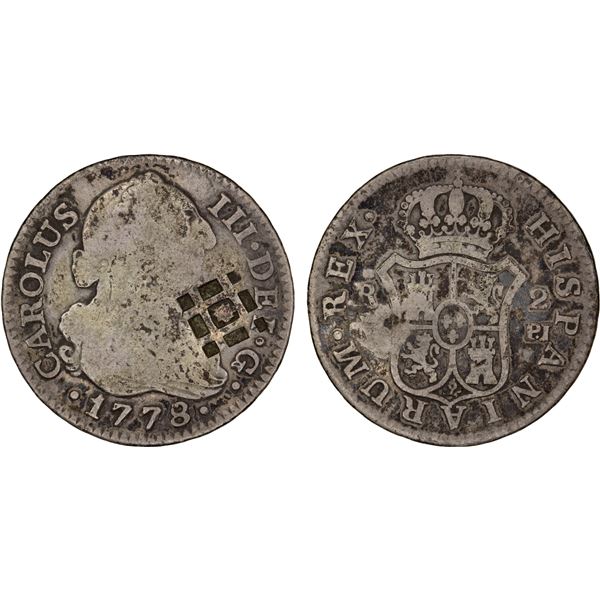 CUBA: Carlos III, 1759-1788, AR 2 reales, 1778-M, VF on VG host