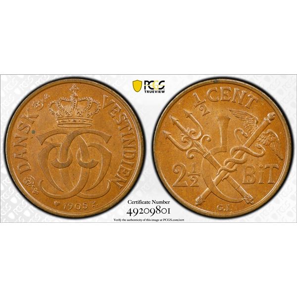 DANISH WEST INDIES: Christian IX, 1863-1906, AE 1/2 cent (2½ bit), 1905, PCGS MS64 BN
