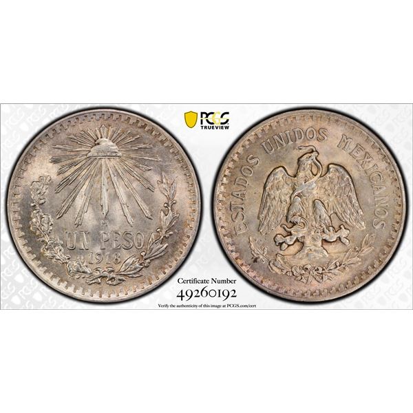 MEXICO: Estados Unidos, AR peso, 1918-M, PCGS graded AU58