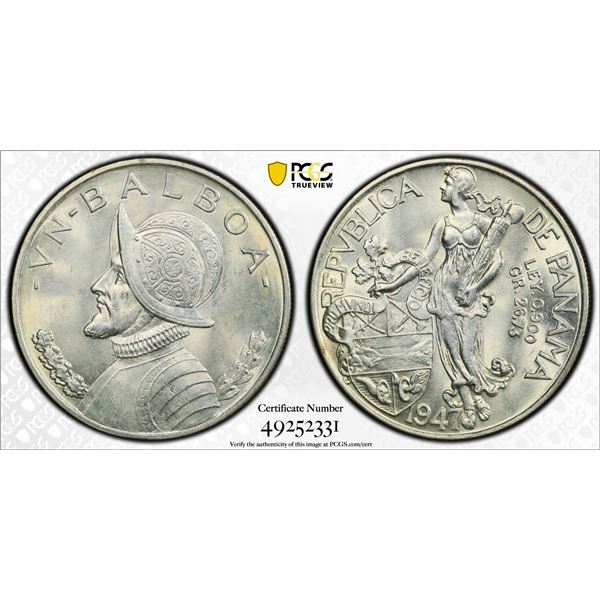 PANAMA: Republic, AR balboa, 1947, PCGS graded MS65