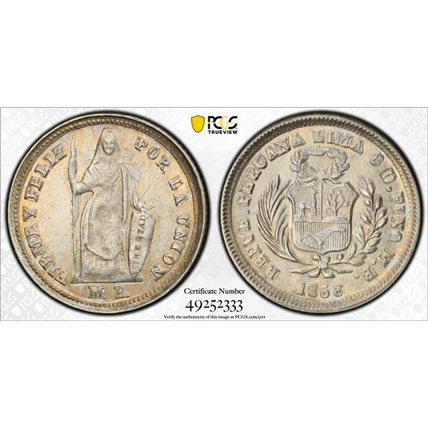 PERU: Republic, AR 1/2 real, 1858, PCGS graded MS61