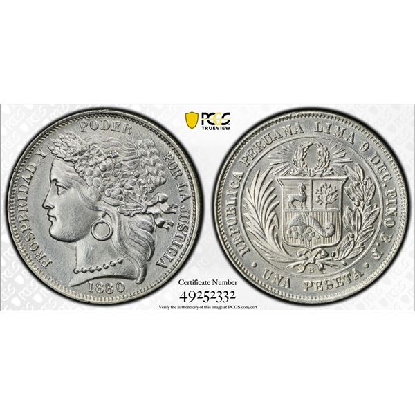 PERU: Republic, AR peseta, 1880, PCGS graded AU58