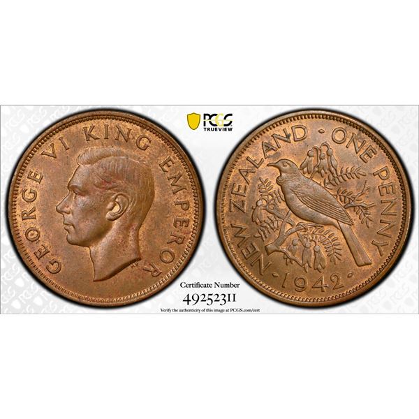 NEW ZEALAND: George VI, 1936-1952, AE penny, 1942, PCGS graded MS63 RB