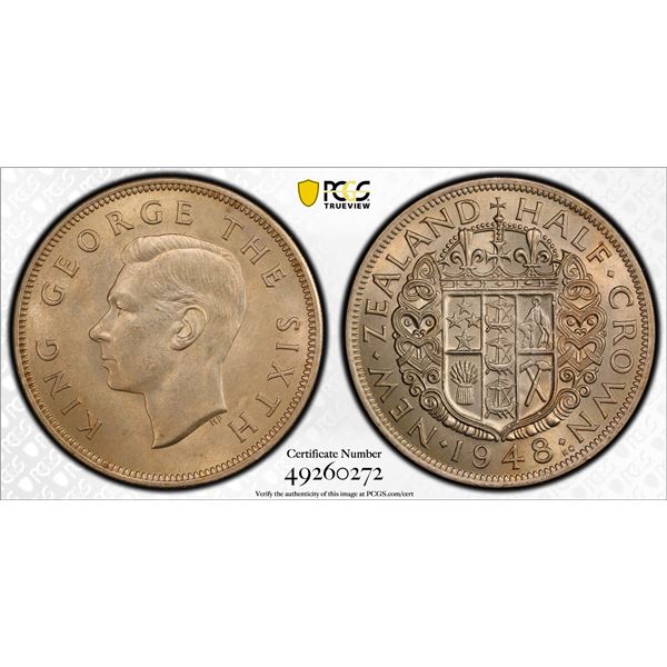 NEW ZEALAND: George VI, 1936-1952, 1/2 crown, 1948, PCGS graded MS65