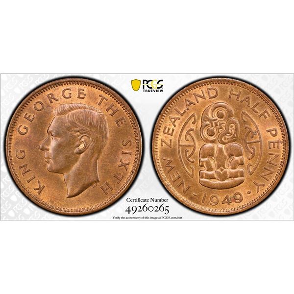 NEW ZEALAND: George VI, 1936-1952, AE 1/2 penny, 1949, PCGS graded MS64 RB