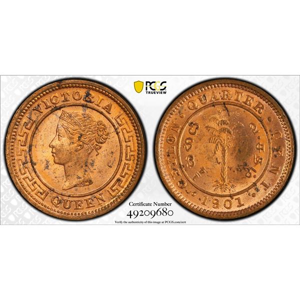 CEYLON: Victoria, 1837-1901, AE 1/4 cent, 1901, PCGS graded MS64 RD