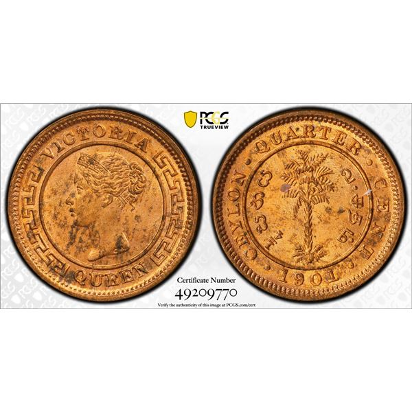 CEYLON: Victoria, 1837-1901, AE 1/4 cent, 1901, PCGS graded MS64 RD