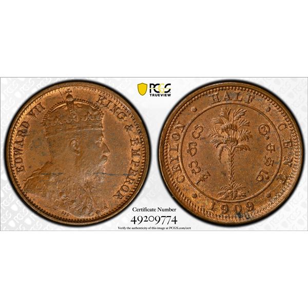 CEYLON: Edward VII, 1901-1910, AE 1/2 cent, 1909, PCGS graded MS63 BN