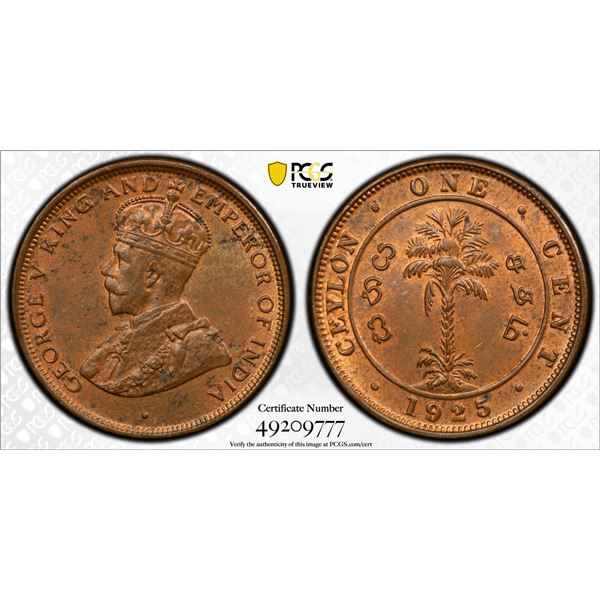 CEYLON: George V, 1910-1936, AE cent, 1925, PCGS graded MS63 RB