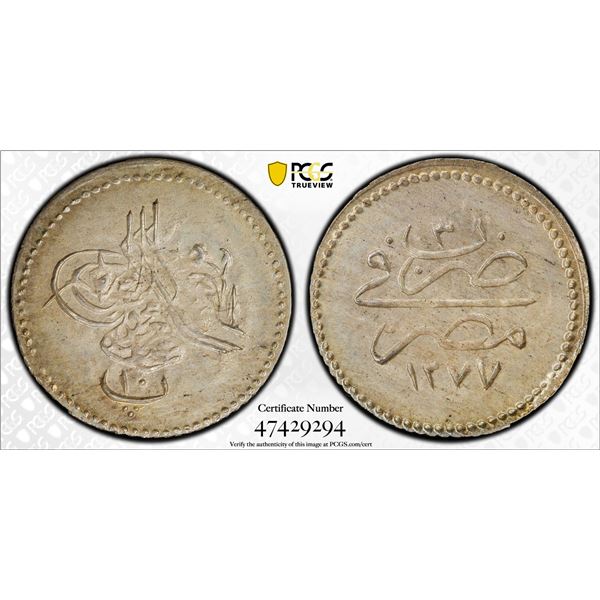 EGYPT: Ottoman Empire: Abdul Aziz, 1861-1876, AR 10 para, Misr, AH1277 year 3, PCGS graded MS64