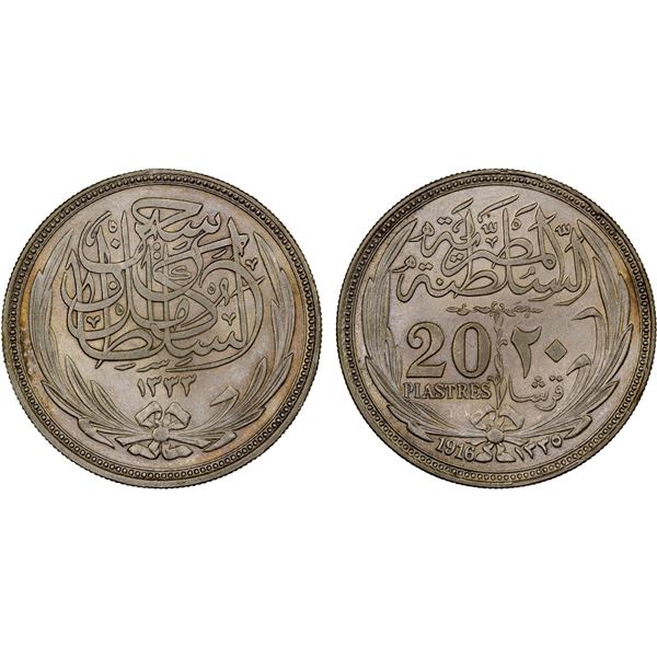 EGYPT: Hussein Kamil, 1914-1917, AR 20 piastres, 1916/AH1335, About Unc