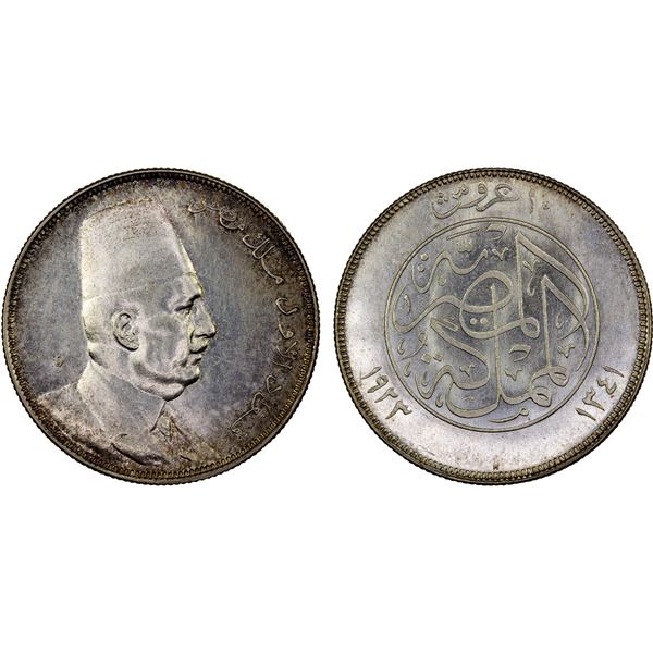 EGYPT: Fuad I, 1922-1936, AR 10 piastres, 1923-H/AH1341, Almost Unc to Unc.