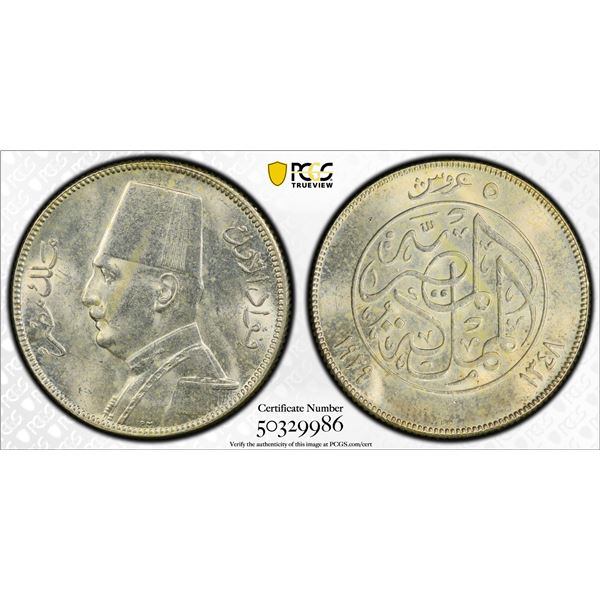EGYPT: Fuad I, 1922-1936, AR 5 piastres, Budapest, 1929/AH1348, PCGS graded MS61