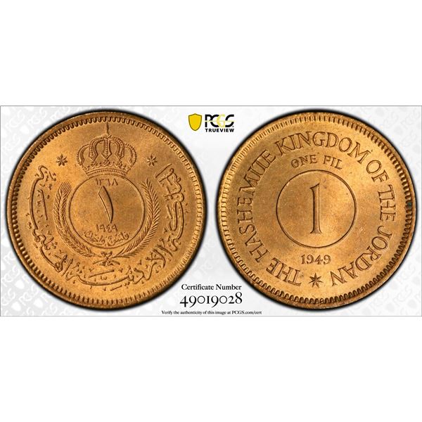 JORDAN: Abdullah I, 1946-1951, AE fils, 1949/AH1368, PCGS graded MS65 RD