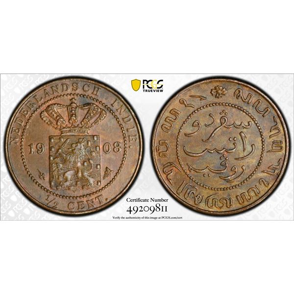 NETHERLANDS EAST INDIES: Wilhelmina, 1890-1948, AE 1/2 cent, 1908, PCGS graded MS63 BN