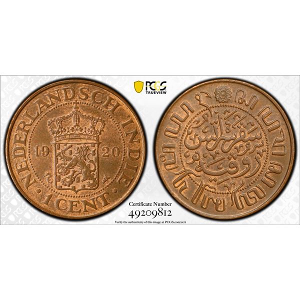 NETHERLANDS EAST INDIES: Wilhelmina, 1890-1948, AE cent, 1920, PCGS graded MS64 BN