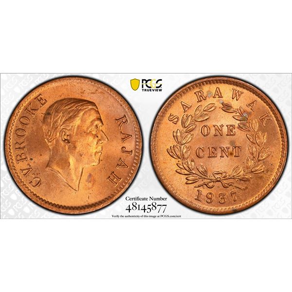 SARAWAK: Charles V. Brooke, 1917-1946, AE cent, 1937-H, PCGS graded MS64 RD