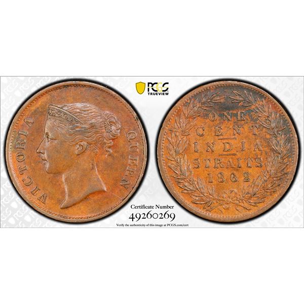 STRAITS SETTLEMENTS: Victoria, 1837-1867, AE cent, 1862, PCGS graded AU58