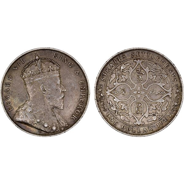 STRAITS SETTLEMENTS: Edward VII, 1901-1910, AR dollar, 1907, XF