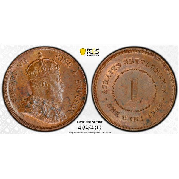 STRAITS SETTLEMENTS: Edward VII, 1901-1910, AE cent, 1908, PCGS graded MS62 BN