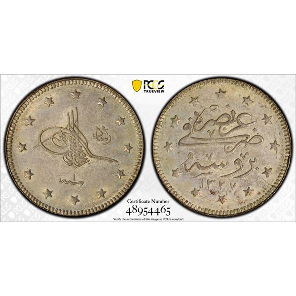 TURKEY: Ottoman Empire: Mehmet V, 1909-1918, AR 2 kurush, Bursa, AH1327 year 1, PCGS graded MS62