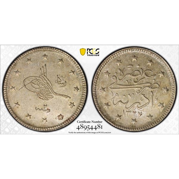 TURKEY: Ottoman Empire: Mehmet V, 1909-1918, AR 2 kurush, Edirne, AH1327 year 2, PCGS graded MS62