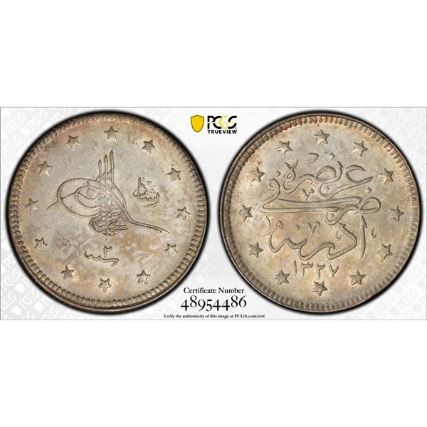 TURKEY: Ottoman Empire: Mehmet V, 1909-1918, AR 2 kurush, Edirne, AH1327 year 2, PCGS graded AU58