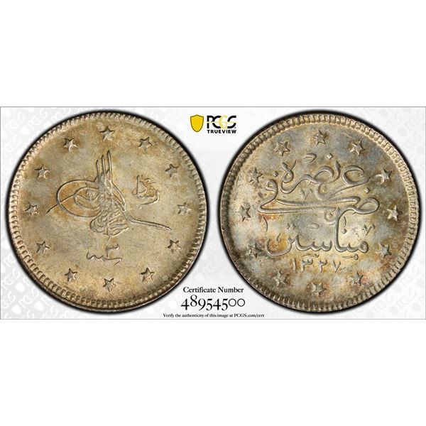 TURKEY: Ottoman Empire: Mehmet V, 1909-1918, AR 2 kurush, Manastir, AH1327 year 3, PCGS graded MS63