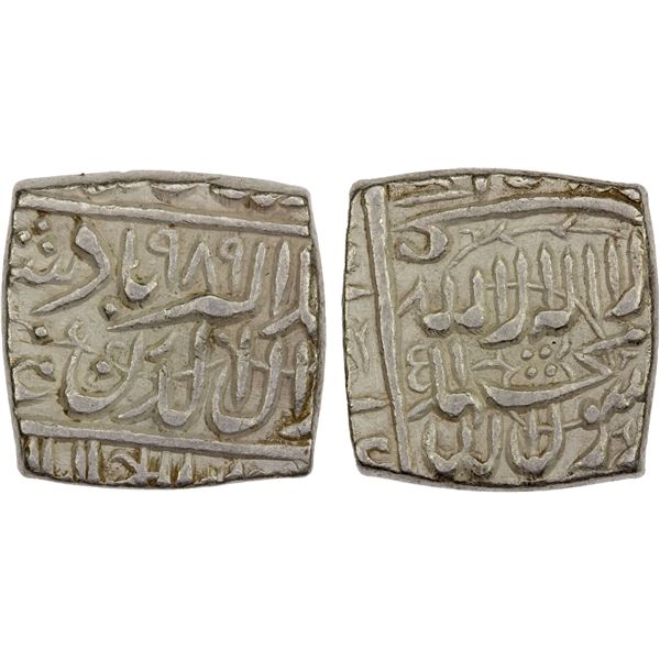 MUGHAL: Akbar I, 1556-1605, AR square rupee (11.44g), Ahmadabad, AH989, nearly XF