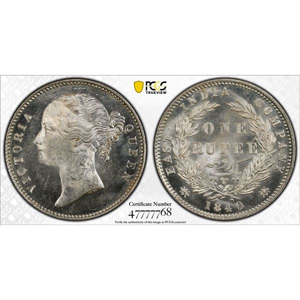 BRITISH INDIA: Victoria, Queen, 1837-1876, AR rupee, 1840b&c, PCGS graded MS63
