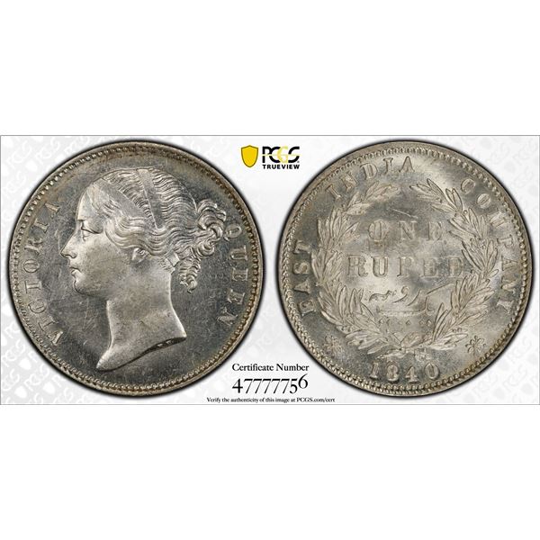 BRITISH INDIA: Victoria, Queen, 1837-1876, AR rupee, 1840b&c, PCGS graded MS62