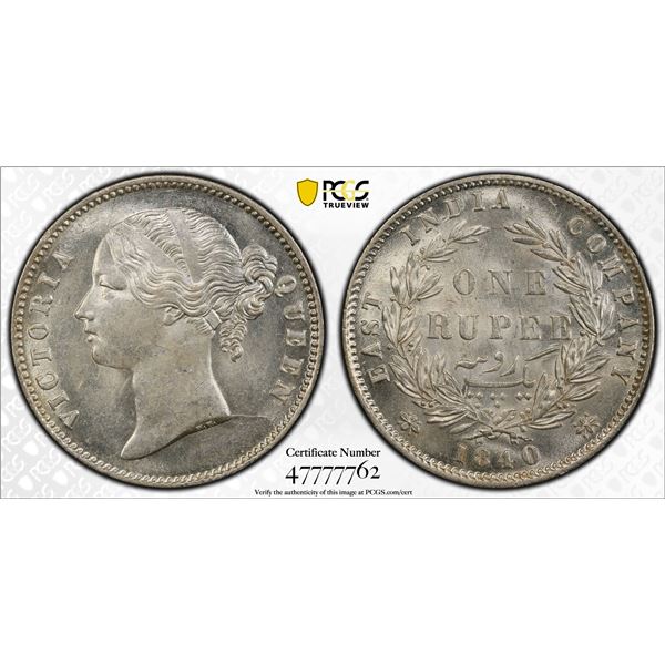 BRITISH INDIA: Victoria, Queen, 1837-1876, AR rupee, 1840b&c, PCGS graded MS62