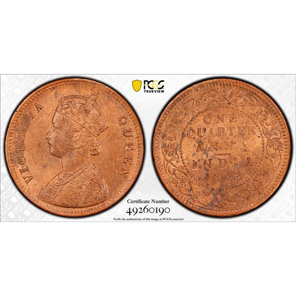 BRITISH INDIA: Victoria, Queen, 1837-1876, AE 1/4 anna, 1862(m), PCGS graded MS63 RB