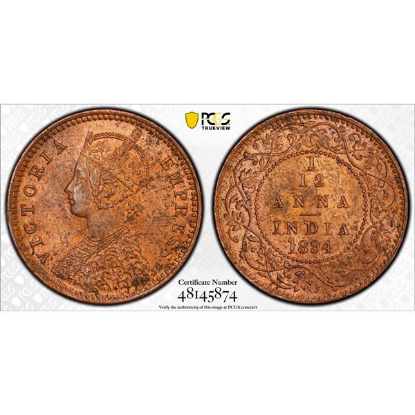 BRITISH INDIA: Victoria, Empress, 1876-1901, AE 1/12 anna, 1894(c), PCGS graded MS63 RB