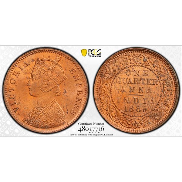 BRITISH INDIA: Victoria, Empress, 1876-1901, AE 1/4 anna, 1889(c), PCGS graded MS64 RB