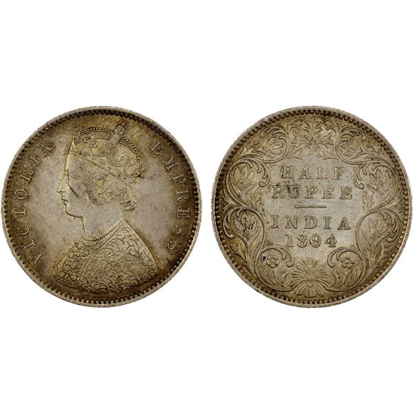 BRITISH INDIA: Victoria, Empress, 1876-1901, AR 1/2 rupee, 1894-B (incuse), About Unc