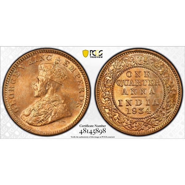 BRITISH INDIA: George V, 1910-1936, AE 1/4 anna, 1934(c), PCGS graded MS64 RD