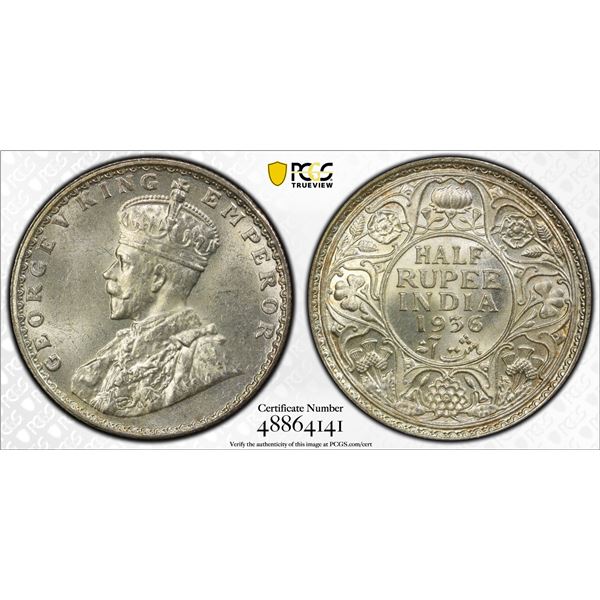 BRITISH INDIA: George V, 1910-1936, AR 1/2 rupee, 1936(b), PCGS graded MS64