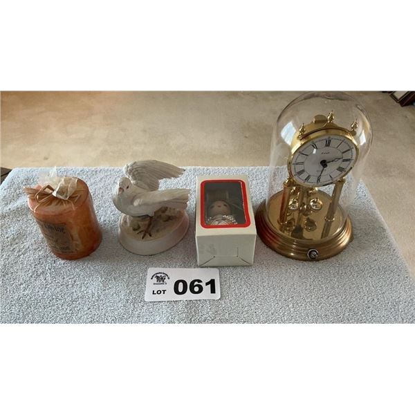 ANNIVERSARY CLOCK, MUSIC BOX DOVE, CANDLE, DOLL
