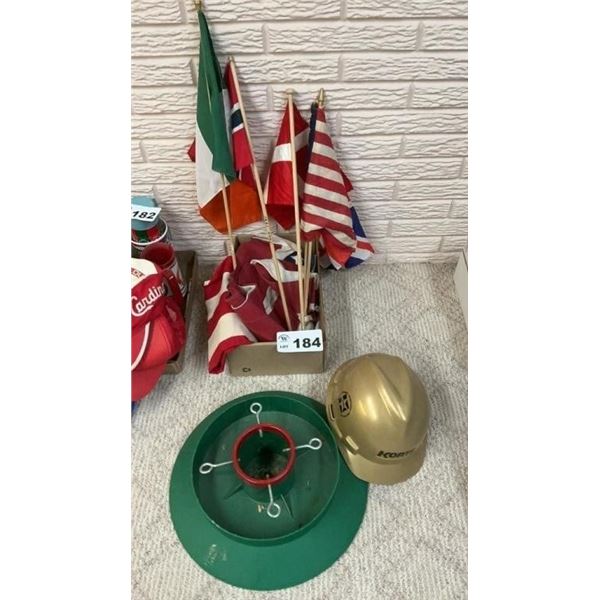 AMERICAN FLAGS, HARD HAT, TREE STAND