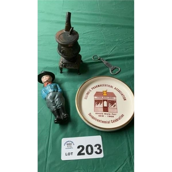 CAST IRON SCOUT, POTBELLY STOVE, DISH, BOTTLE