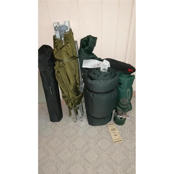 COTS, SLEEPING BAG, LANTERN