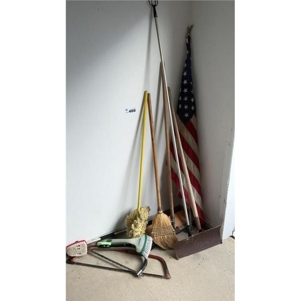 FLAG, GARDEN TOOLS, SAW, BROOM