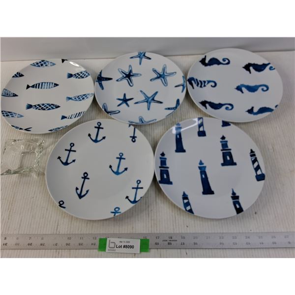 5 Nautical type plates and a clear ashtray