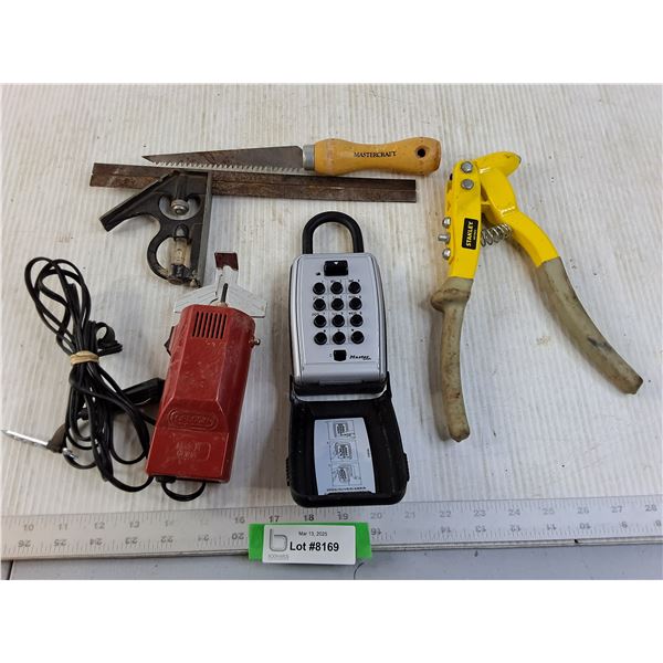 Chainsaw Sharpener, Rivet Gun, Square, Drywall Saw and Realty Lock