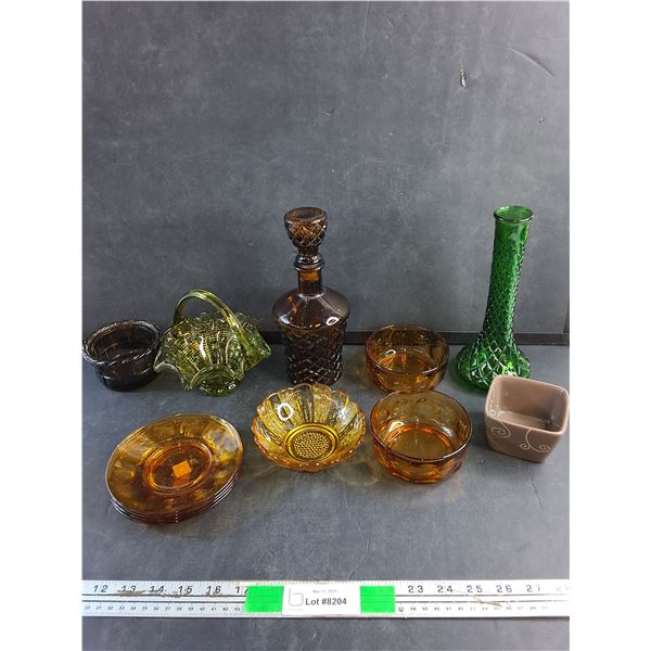 Amber Glass Bowls, Coasters, Liquor Decanter, Green Glass Basket, Vase and Misc