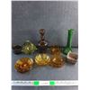 Image 1 : Amber Glass Bowls, Coasters, Liquor Decanter, Green Glass Basket, Vase and Misc