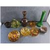 Image 5 : Amber Glass Bowls, Coasters, Liquor Decanter, Green Glass Basket, Vase and Misc